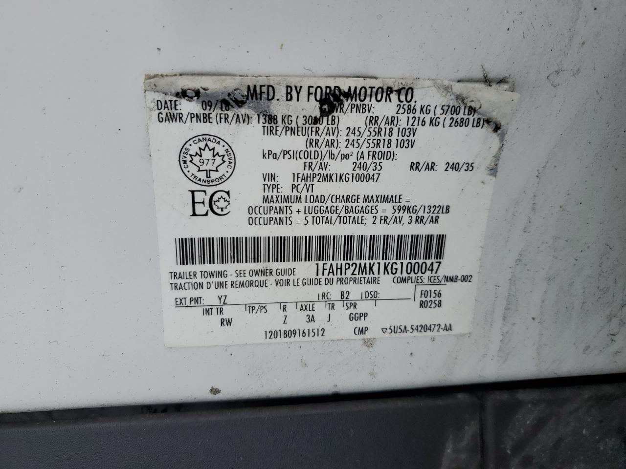 2019 Ford Taurus Police Interceptor VIN: 1FAHP2MK1KG100047 Lot: 92327765