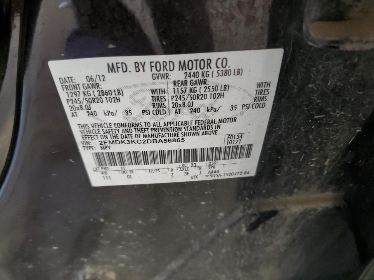 2013 Ford Edge Limited VIN: 2FMDK3KC2DBA56865 Lot: 91581745