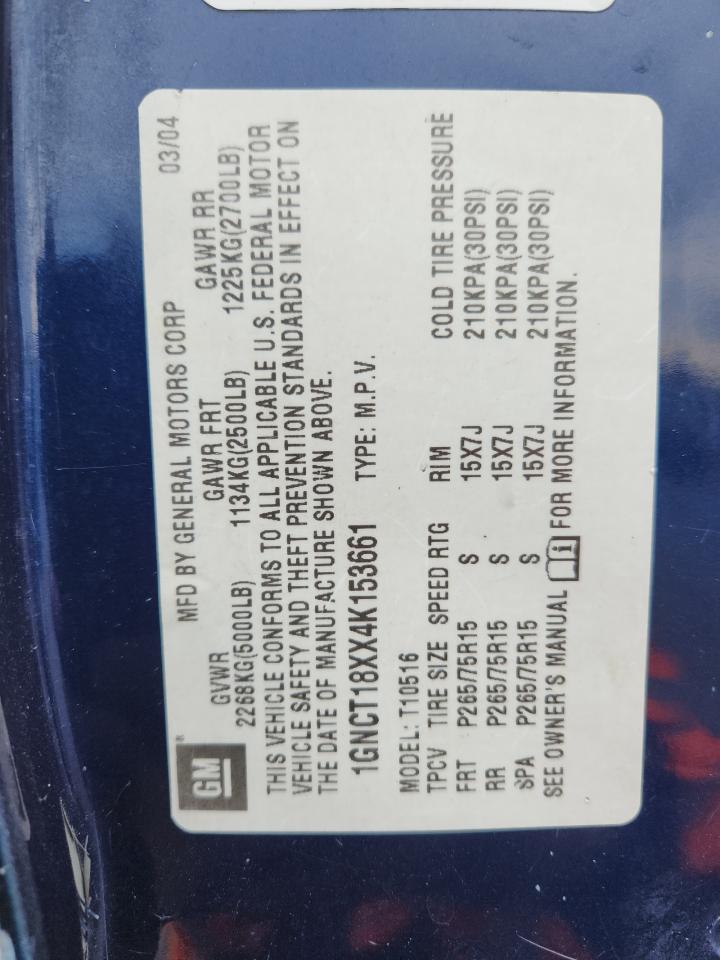 2004 Chevrolet Blazer VIN: 1GNCT18XX4K153661 Lot: 91137245