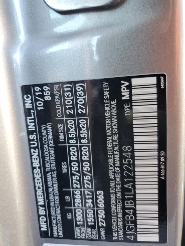 2020 Mercedes-Benz Gle 350 VIN: 4JGFB4JB1LA122548 Lot: 93346755