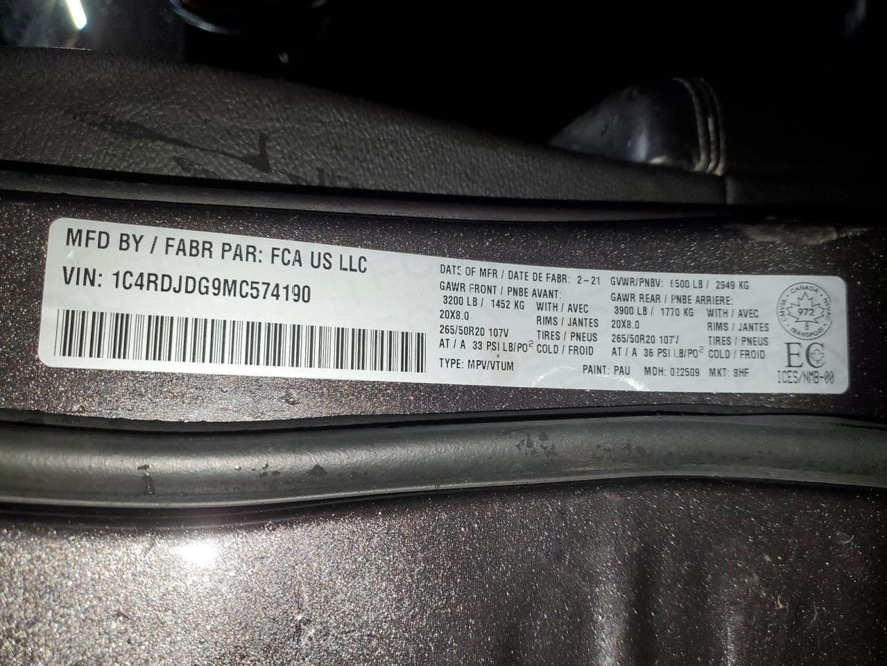 2021 Dodge Durango Gt VIN: 1C4RDJDG9MC574190 Lot: 89896545