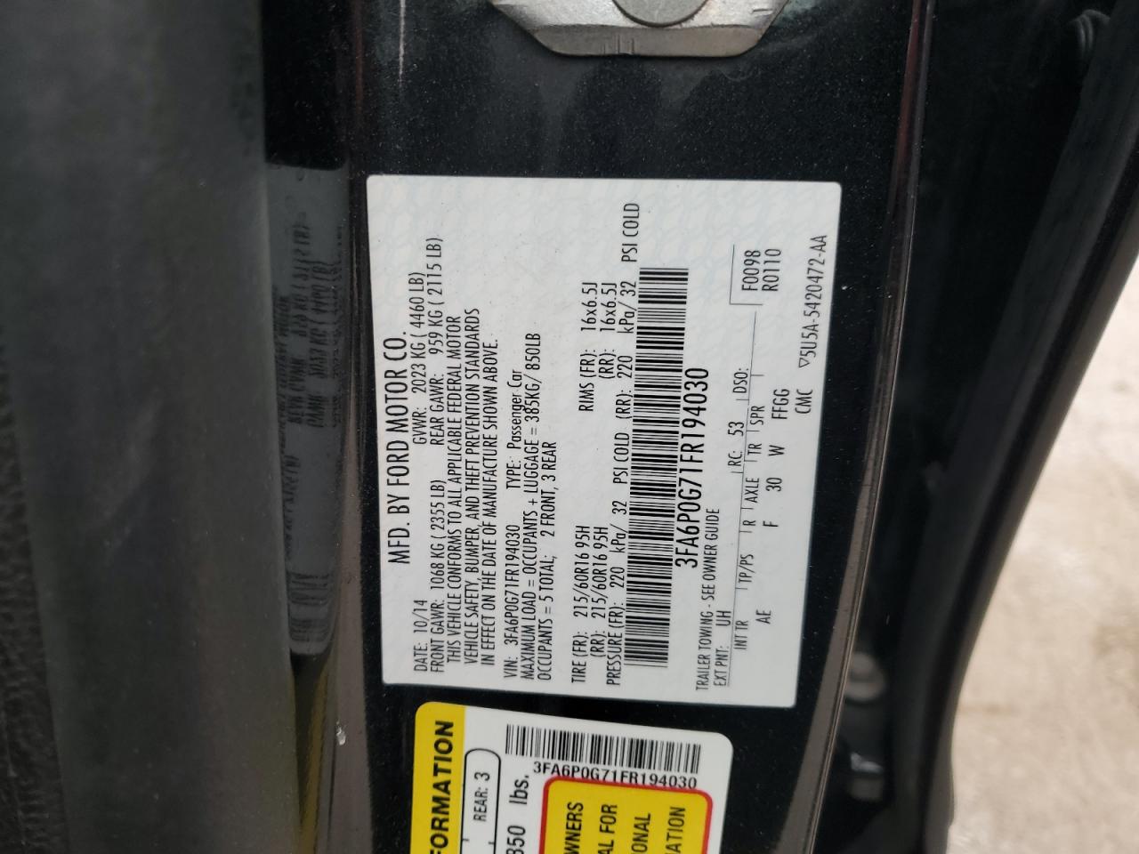 2015 Ford Fusion S VIN: 3FA6P0G71FR194030 Lot: 93067435