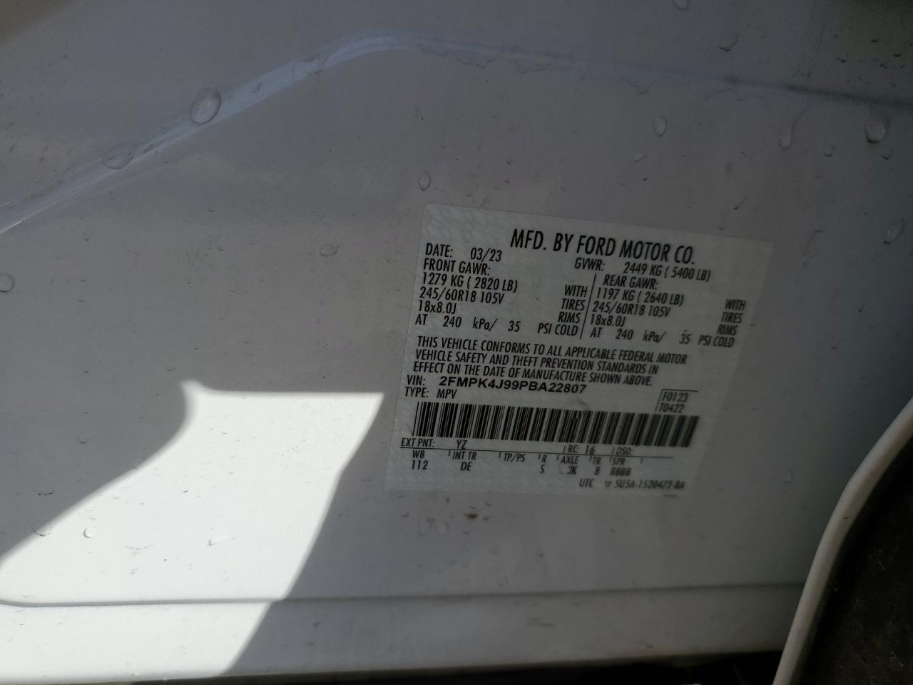 2023 Ford Edge Sel VIN: 2FMPK4J99PBA22807 Lot: 91823395