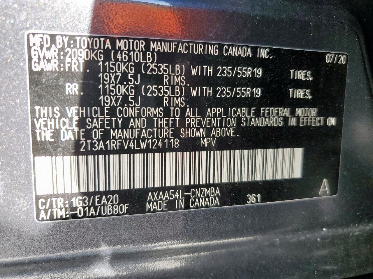 2020 Toyota Rav4 Xle Premium VIN: 2T3A1RFV4LW124118 Lot: 92268935