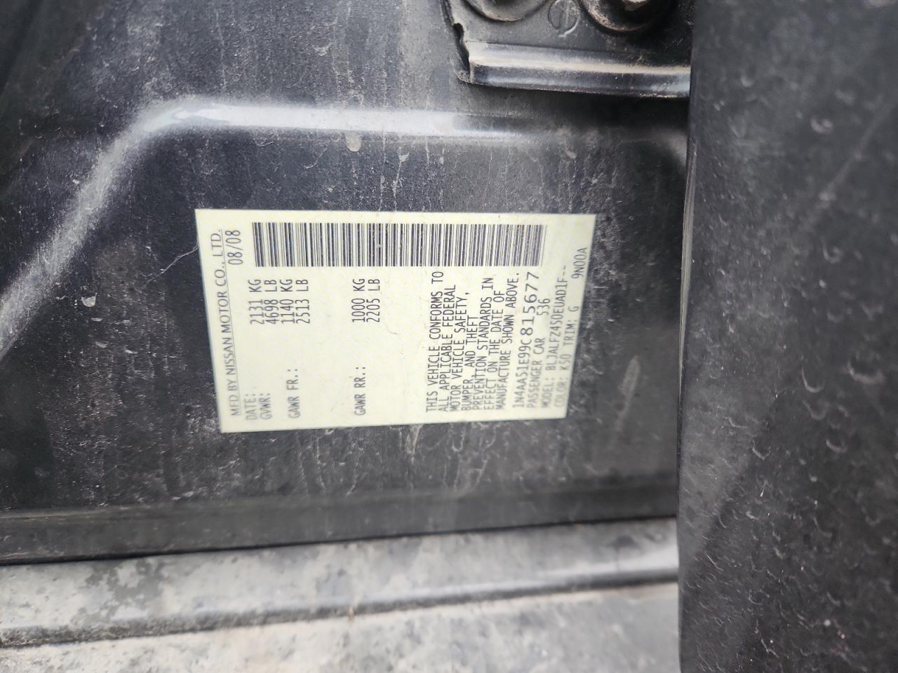 2009 Nissan Maxima S VIN: 1N4AA51E99C815677 Lot: 93363495