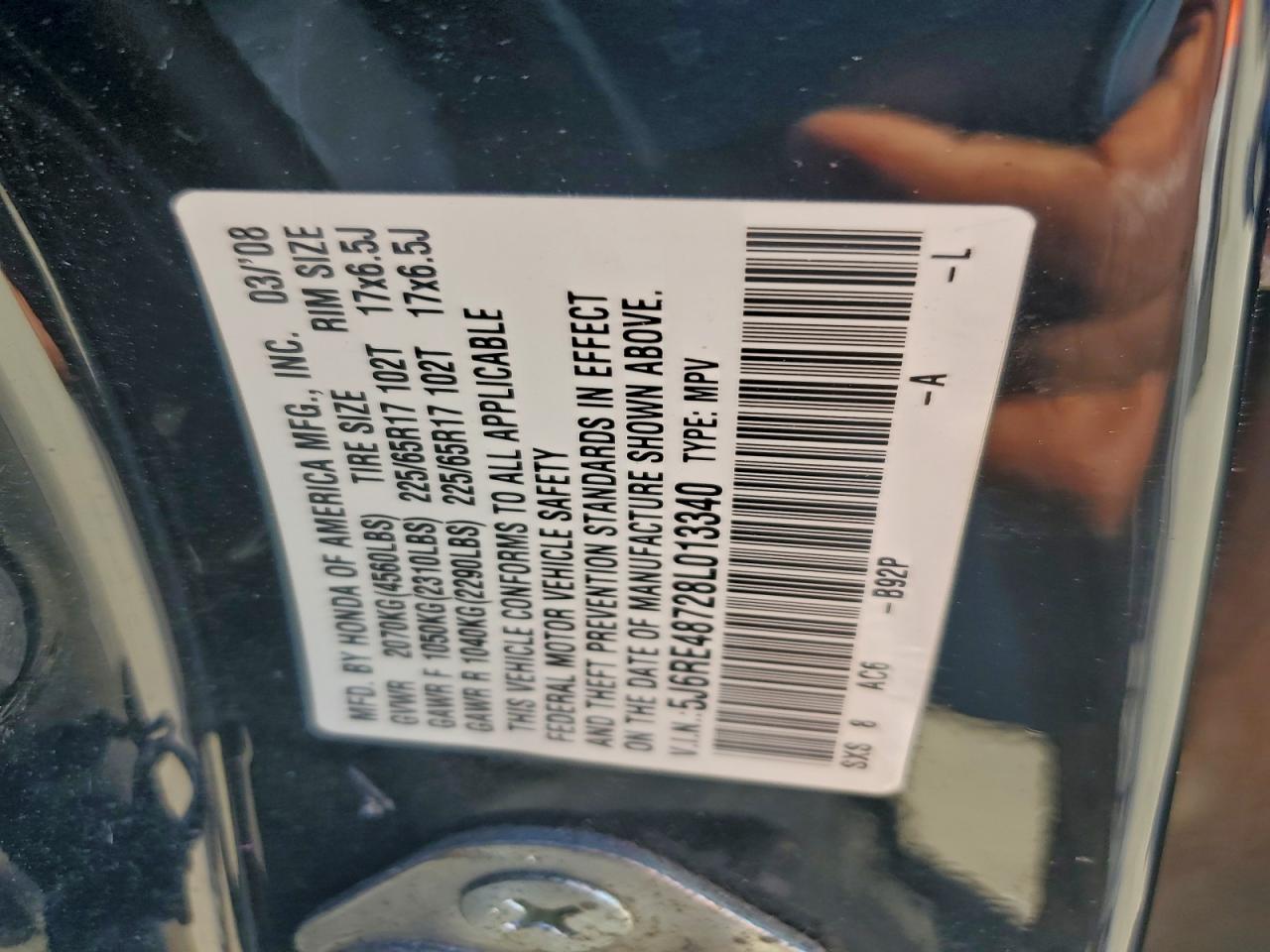 2008 Honda Cr-V Exl VIN: 5J6RE48728L013340 Lot: 94150165