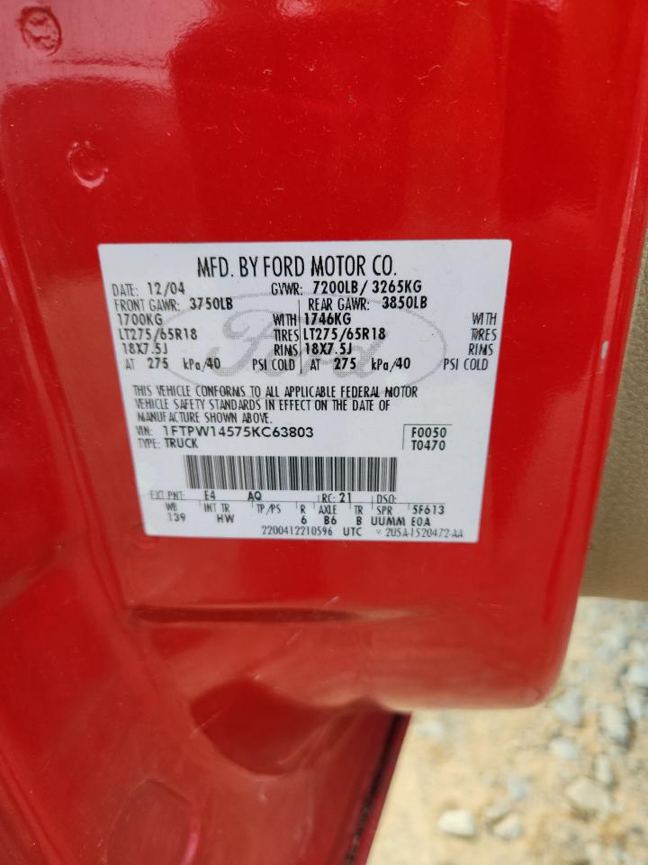 2005 Ford F150 Supercrew VIN: 1FTPW14575KC63803 Lot: 92752455