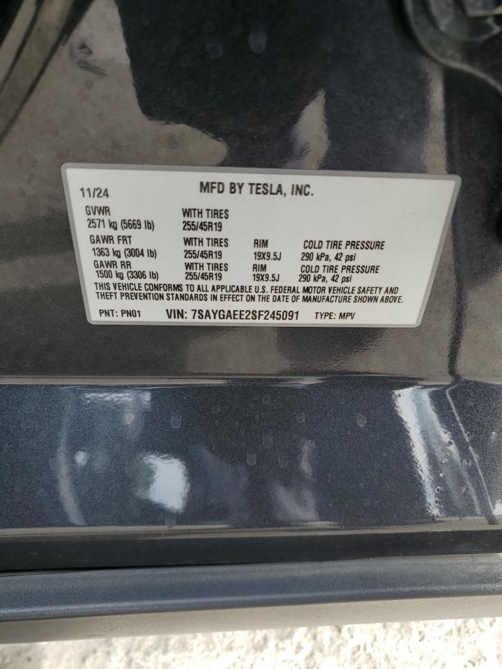 2025 Tesla Model Y VIN: 7SAYGAEE2SF245091 Lot: 91945305