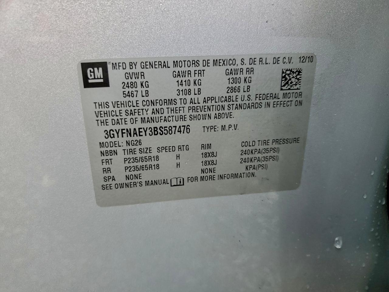 2011 Cadillac Srx Luxury Collection VIN: 3GYFNAEY3BS587476 Lot: 94036645