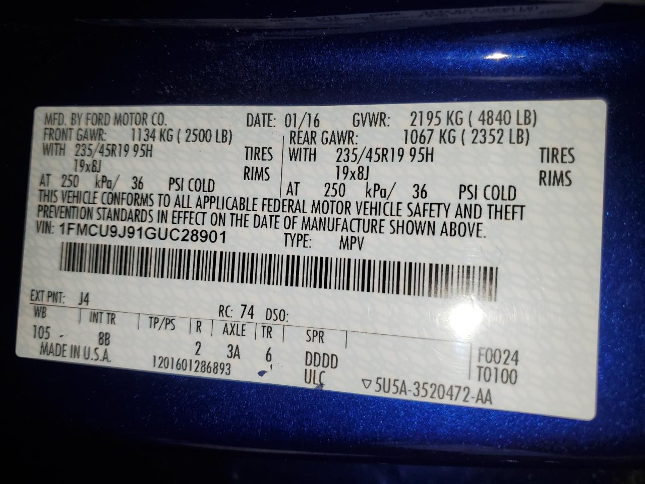 2016 Ford Escape Titanium VIN: 1FMCU9J91GUC28901 Lot: 92255765