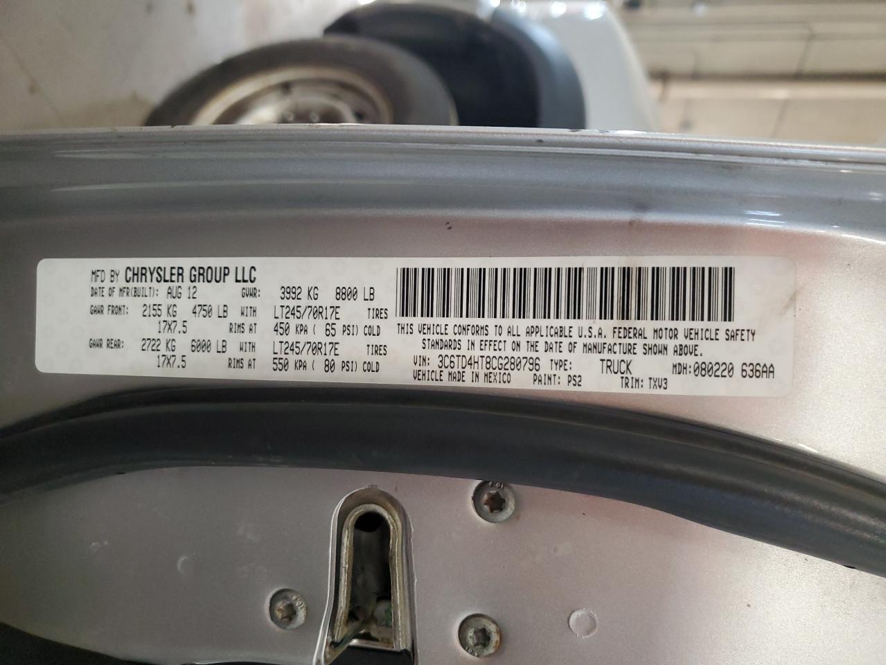 2012 Dodge Ram 2500 St VIN: 3C6TD4HT8CG280796 Lot: 92882175