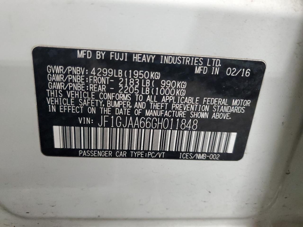 2016 Subaru Impreza VIN: JF1GJAA66GH011848 Lot: 90796565