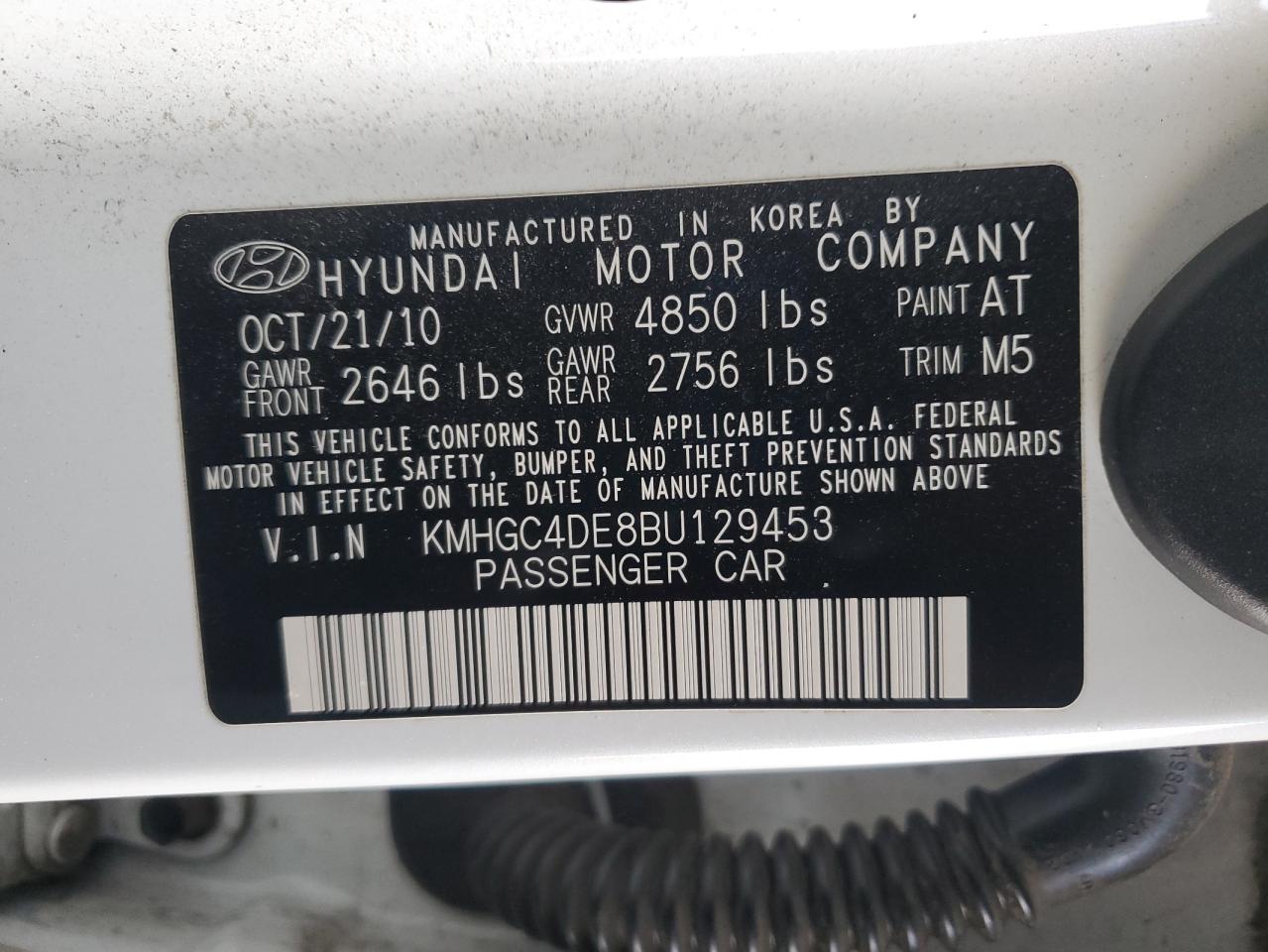 2011 Hyundai Genesis 3.8L VIN: KMHGC4DE8BU129453 Lot: 93228445