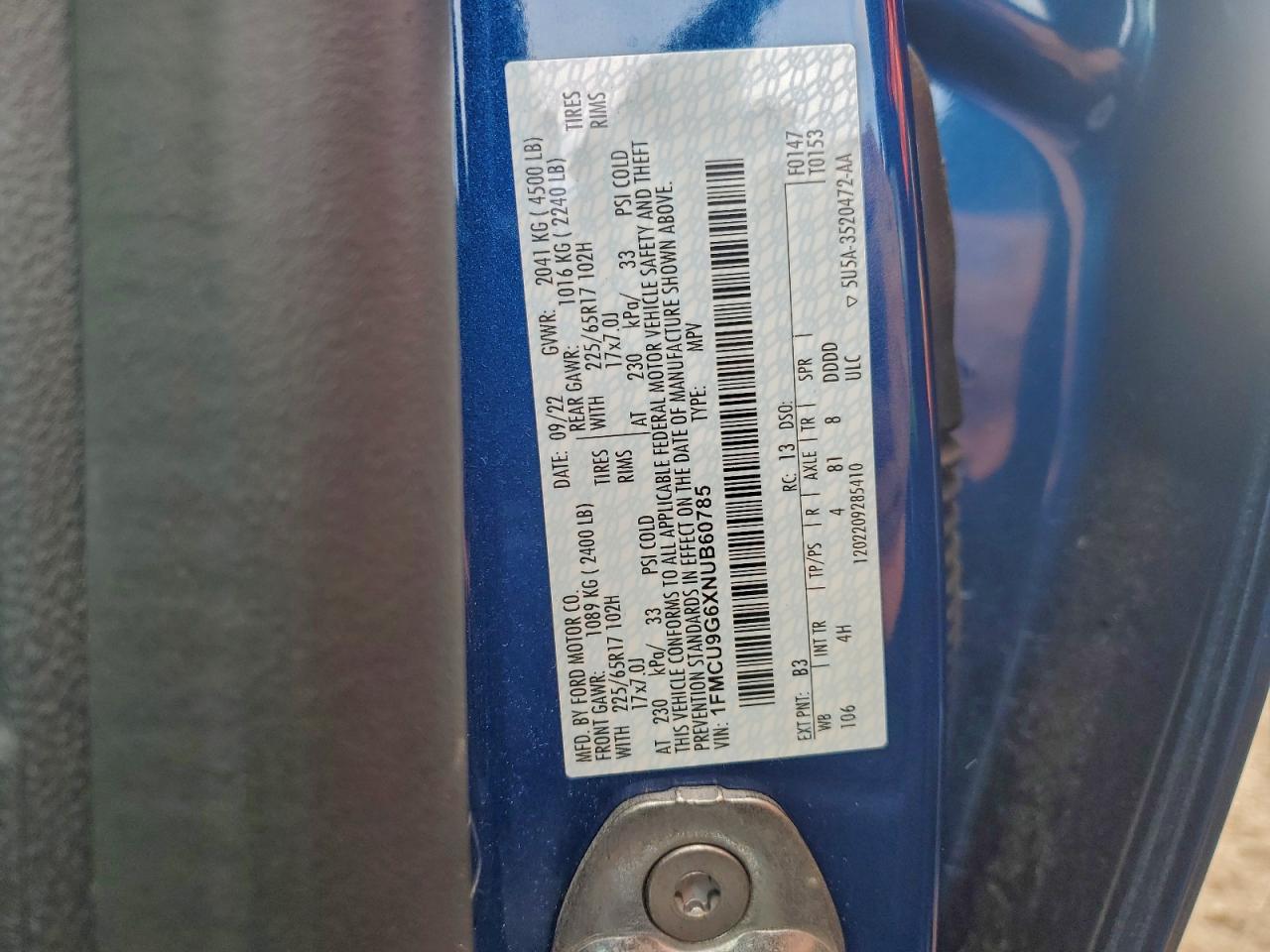 2022 Ford Escape Se VIN: 1FMCU9G6XNUB60785 Lot: 93734735