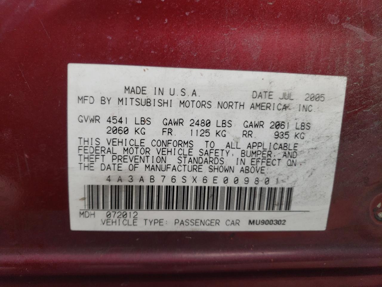 2006 Mitsubishi Galant Gts VIN: 4A3AB76SX6E009801 Lot: 93052745