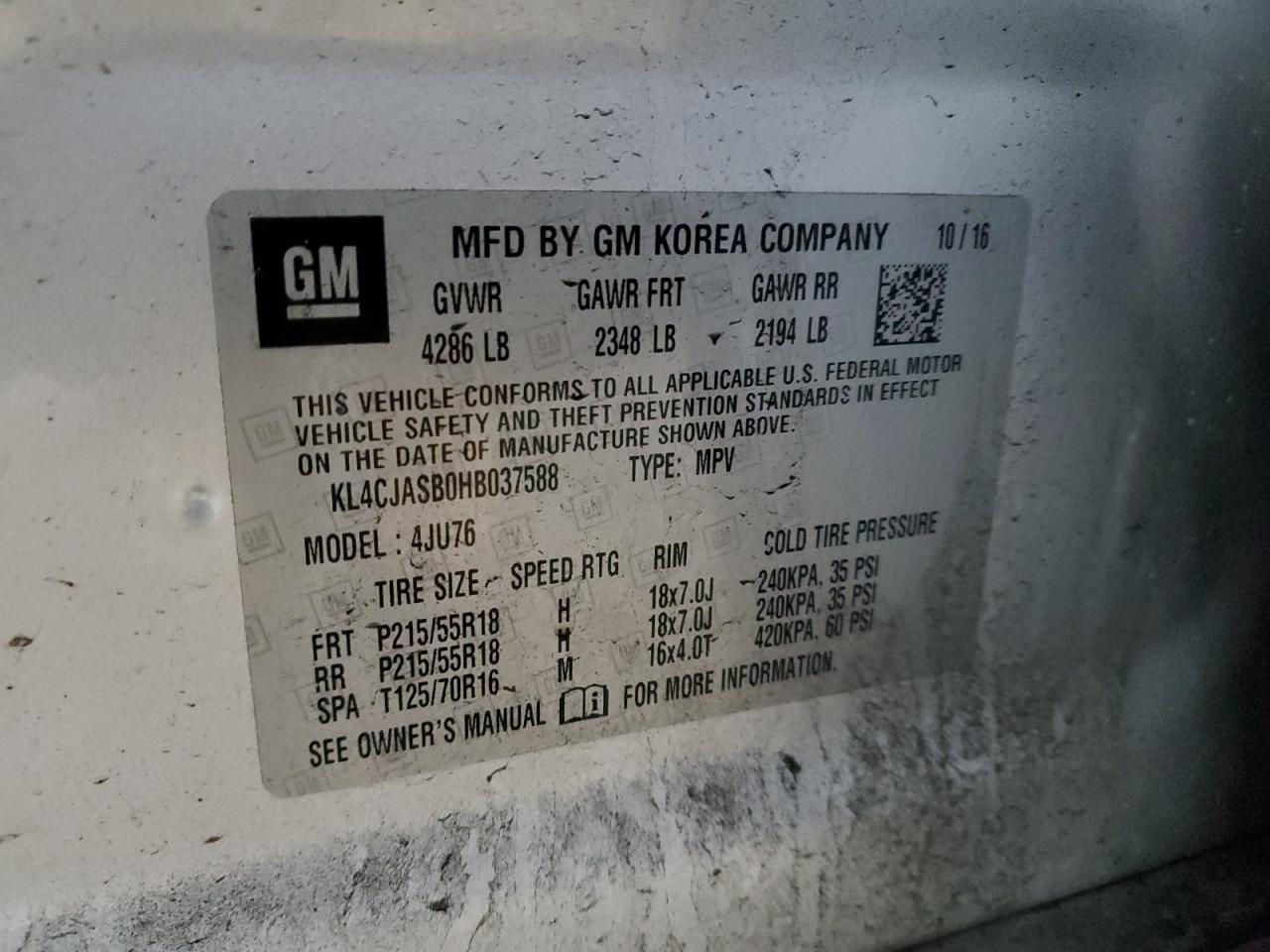 2017 Buick Encore Preferred VIN: KL4CJASB0HB037588 Lot: 90689165