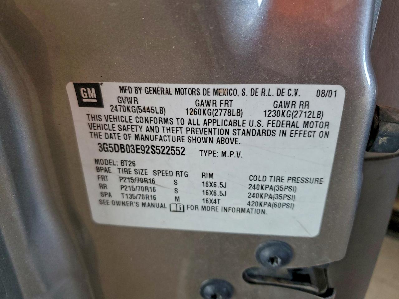 2002 Buick Rendezvous Cx VIN: 3G5DB03E92S522552 Lot: 94803645