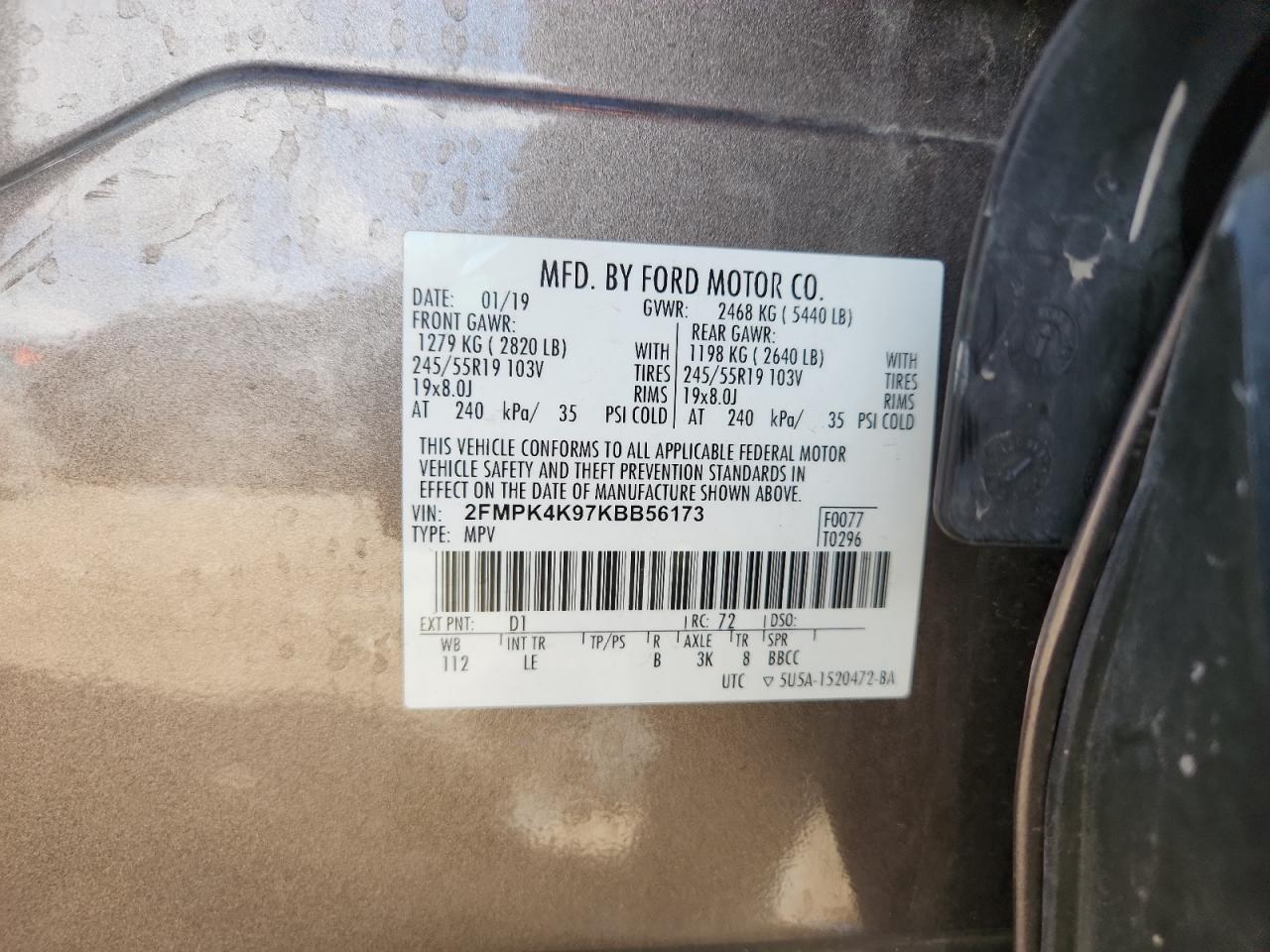 2019 Ford Edge Titanium VIN: 2FMPK4K97KBB56173 Lot: 93304585