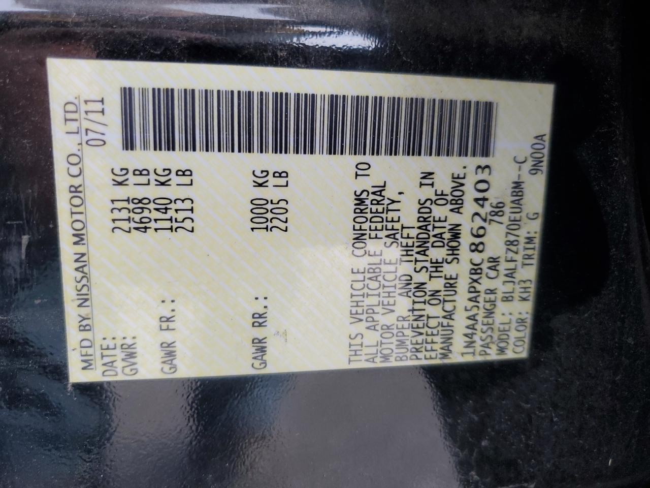 2011 Nissan Maxima S VIN: 1N4AA5APXBC862403 Lot: 92532875