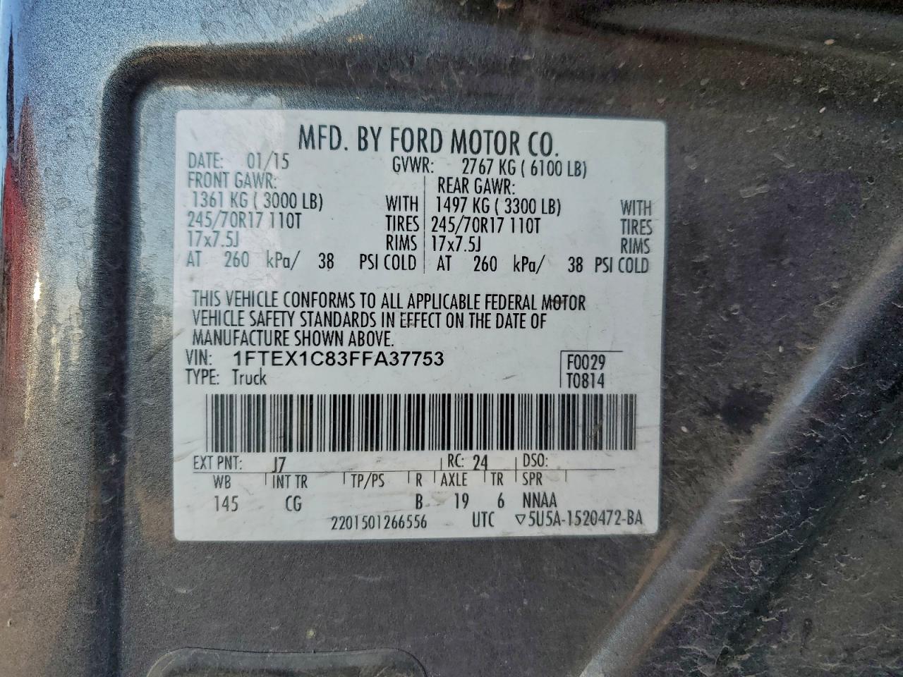 2015 Ford F150 Super Cab VIN: 1FTEX1C83FFA37753 Lot: 94584065