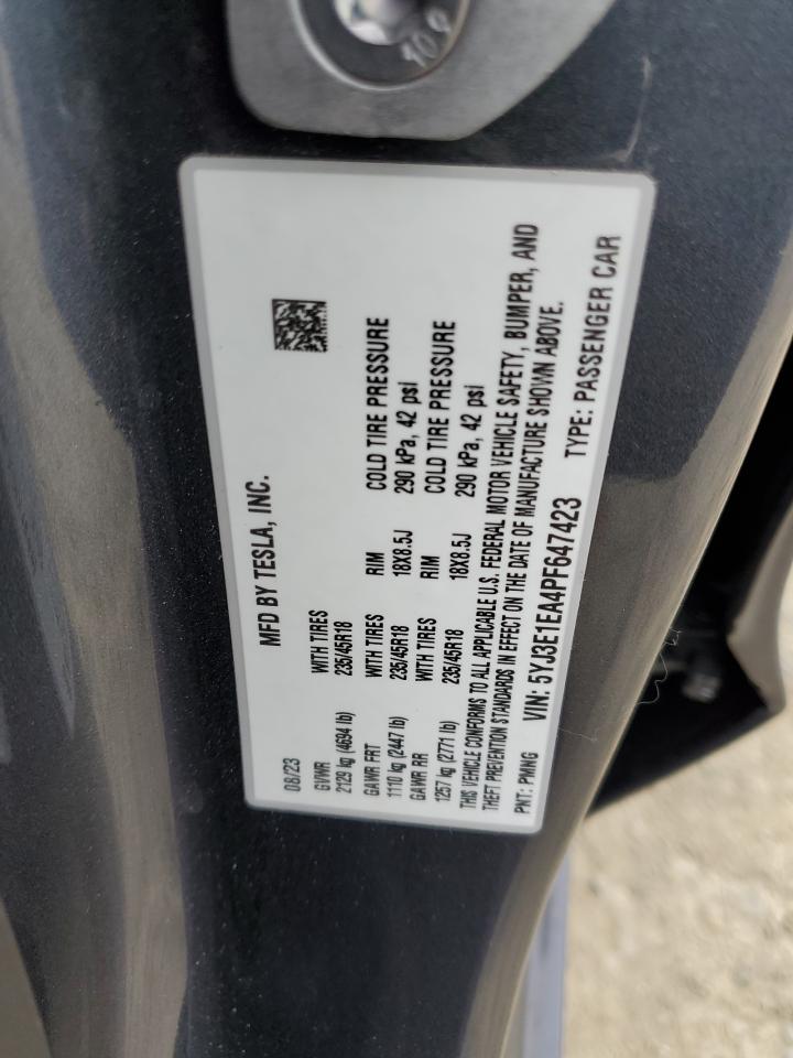 2023 Tesla Model 3 VIN: 5YJ3E1EA4PF647423 Lot: 90798545