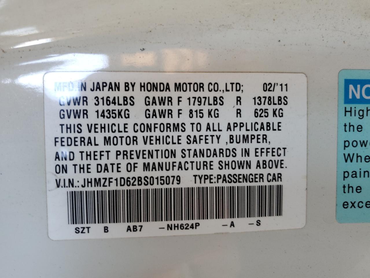 2011 Honda Cr-Z Ex VIN: JHMZF1D62BS015079 Lot: 93117735