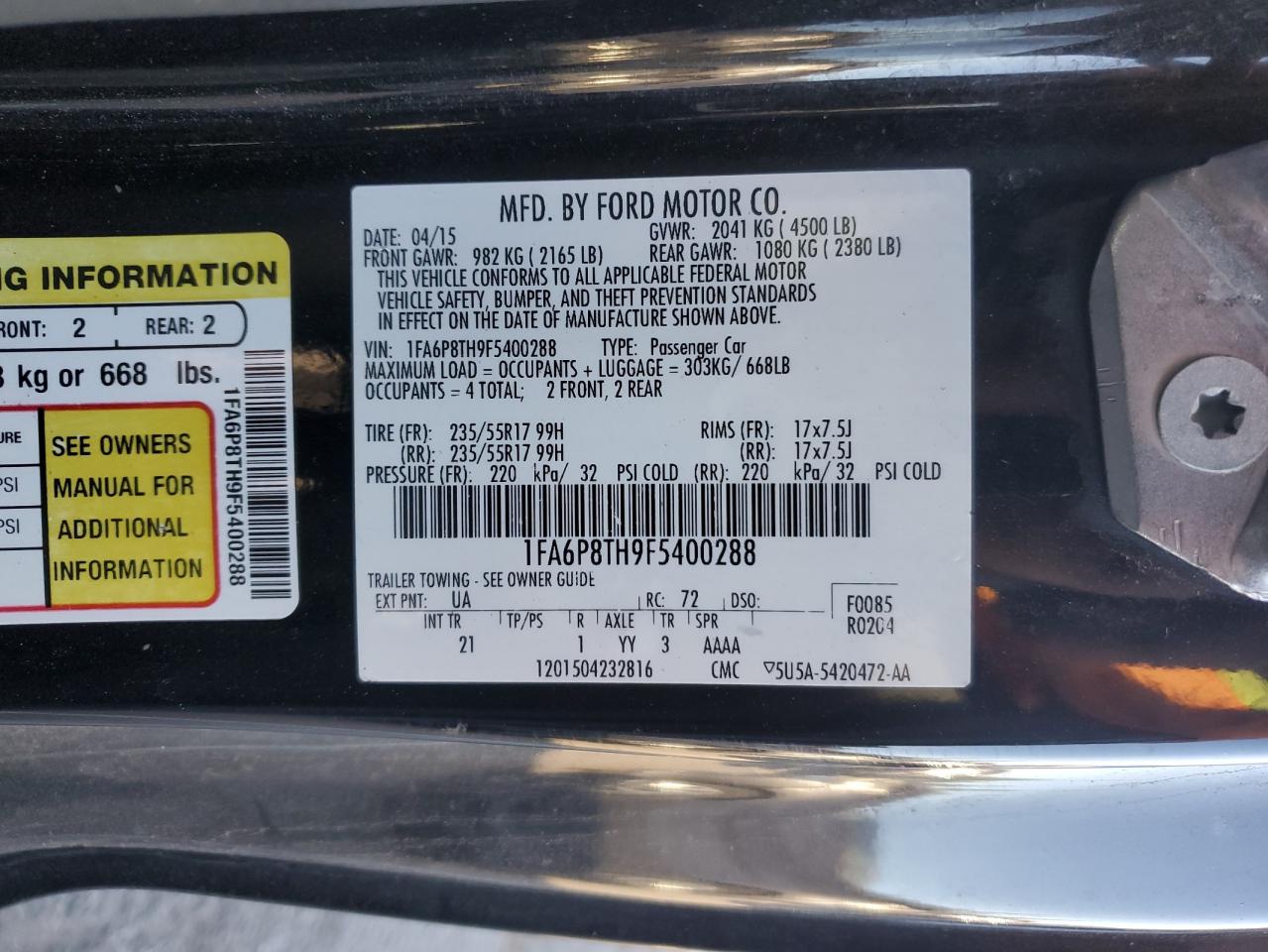 2015 Ford Mustang VIN: 1FA6P8TH9F5400288 Lot: 91726545