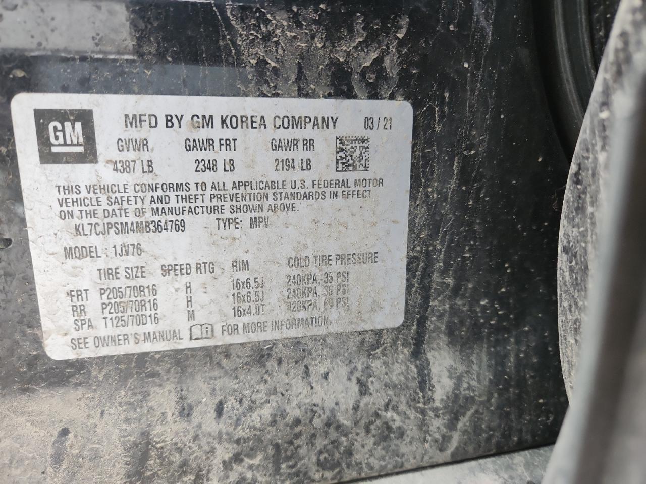 2021 Chevrolet Trax 1Lt VIN: KL7CJPSM4MB364769 Lot: 90804755