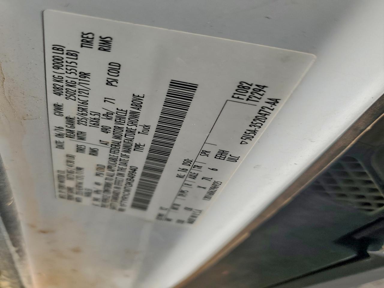 2016 Ford Transit T-250 VIN: 1FTYR1CM7GKB49940 Lot: 93349945