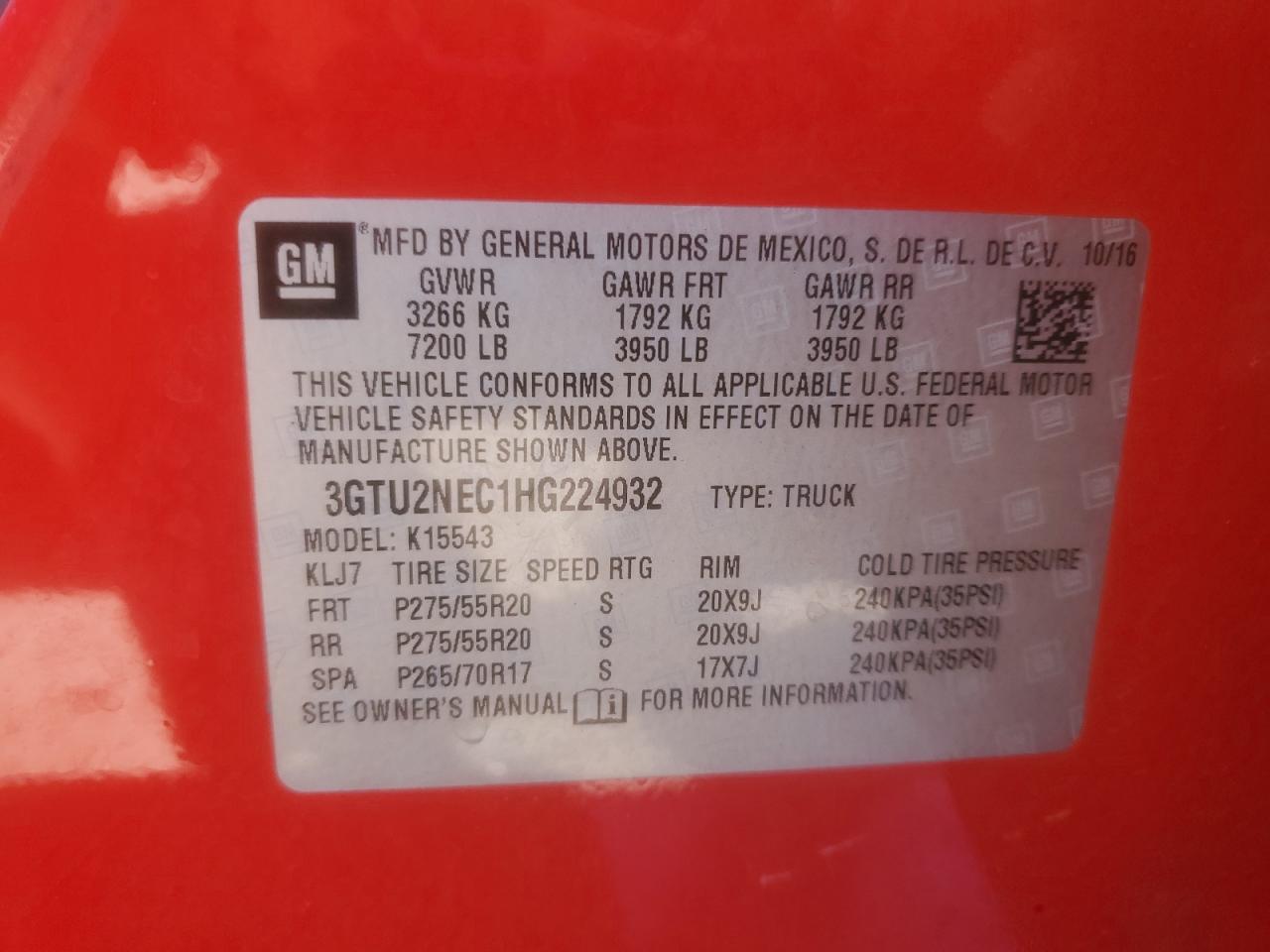 2017 GMC Sierra K1500 Slt VIN: 3GTU2NEC1HG224932 Lot: 94275555