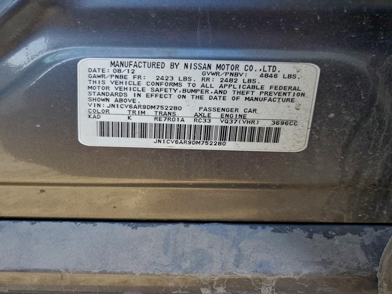 2013 Infiniti G37 VIN: JN1CV6AR9DM752280 Lot: 93244655