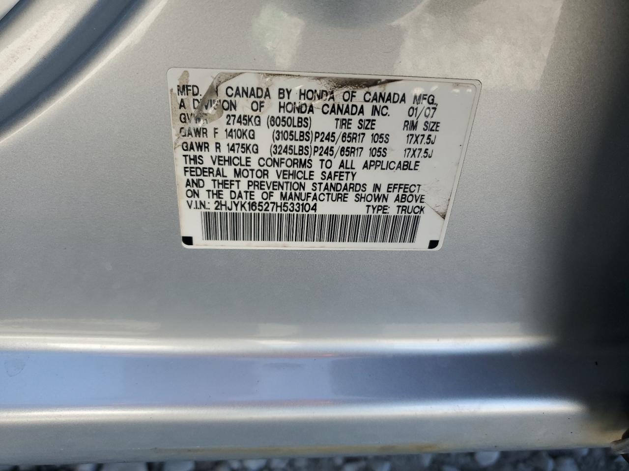 2007 Honda Ridgeline Rtl VIN: 2HJYK16527H533104 Lot: 93224755