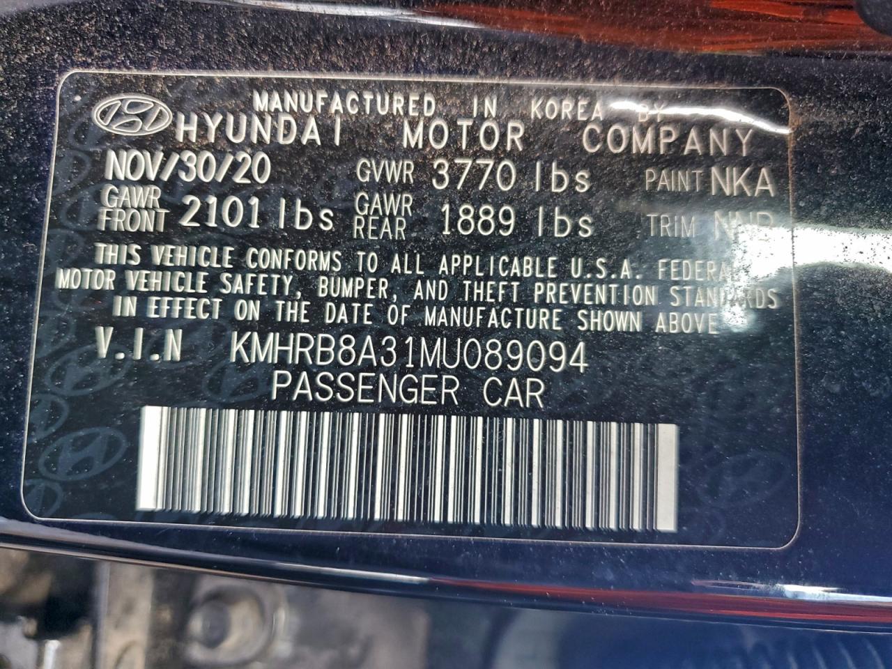 2021 Hyundai Venue Se VIN: KMHRB8A31MU089094 Lot: 94283055