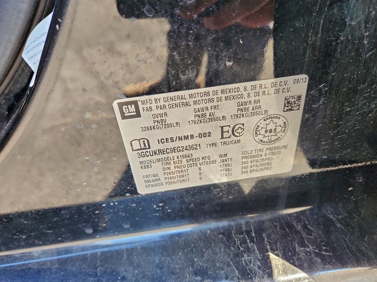 2014 Chevrolet Silverado K1500 Lt VIN: 3GCUKREC9EG243621 Lot: 93852215