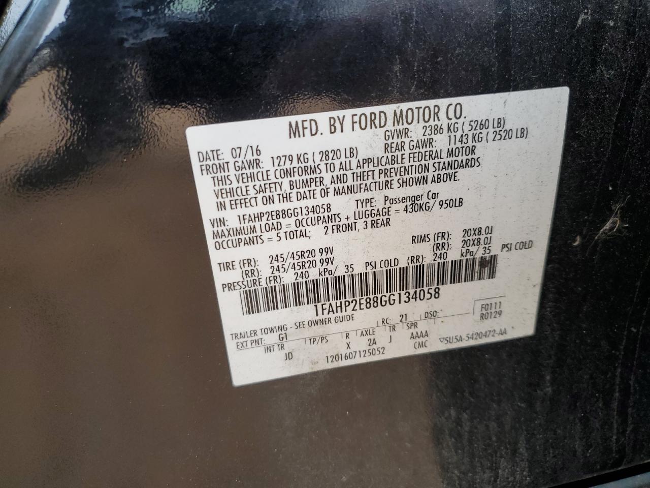 2016 Ford Taurus Sel VIN: 1FAHP2E88GG134058 Lot: 92871755