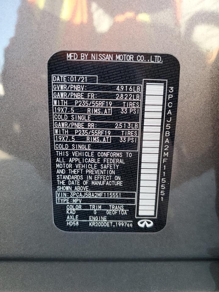 2021 Infiniti Qx50 Luxe VIN: 3PCAJ5BA2MF115551 Lot: 92364075