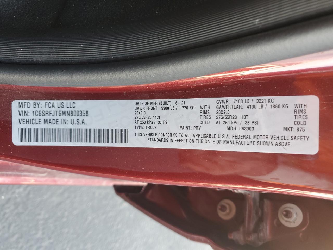 2021 Ram 1500 Laramie VIN: 1C6SRFJT6MN800358 Lot: 93753615