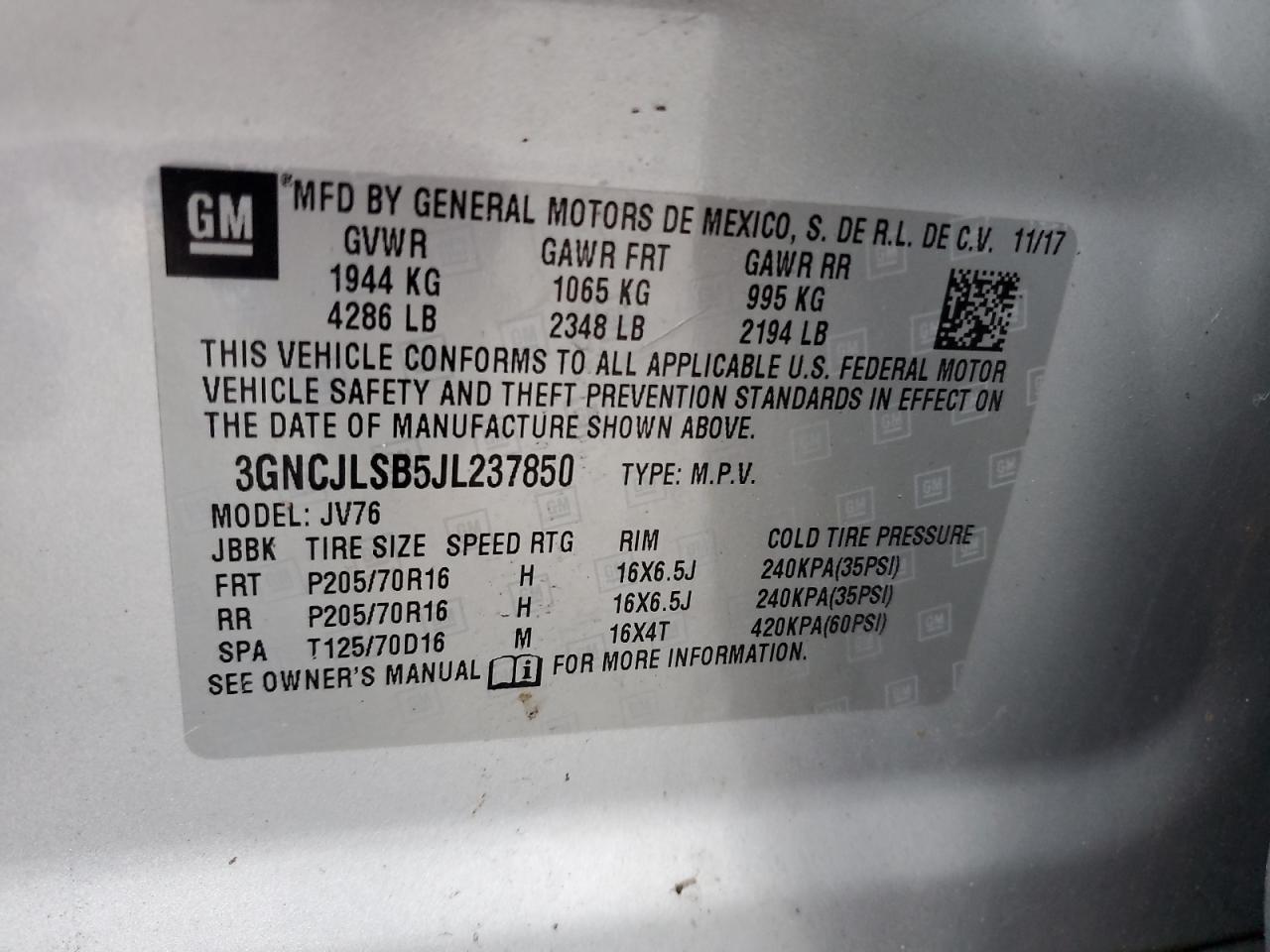 2018 Chevrolet Trax 1Lt VIN: 3GNCJLSB5JL237850 Lot: 90906445