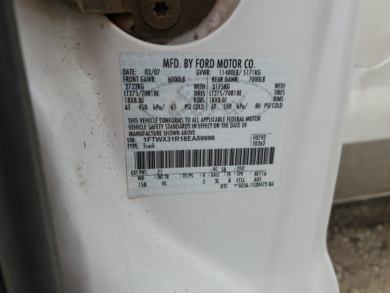 2008 Ford F350 Srw Super Duty VIN: 1FDWX31R18EA59996 Lot: 92675725