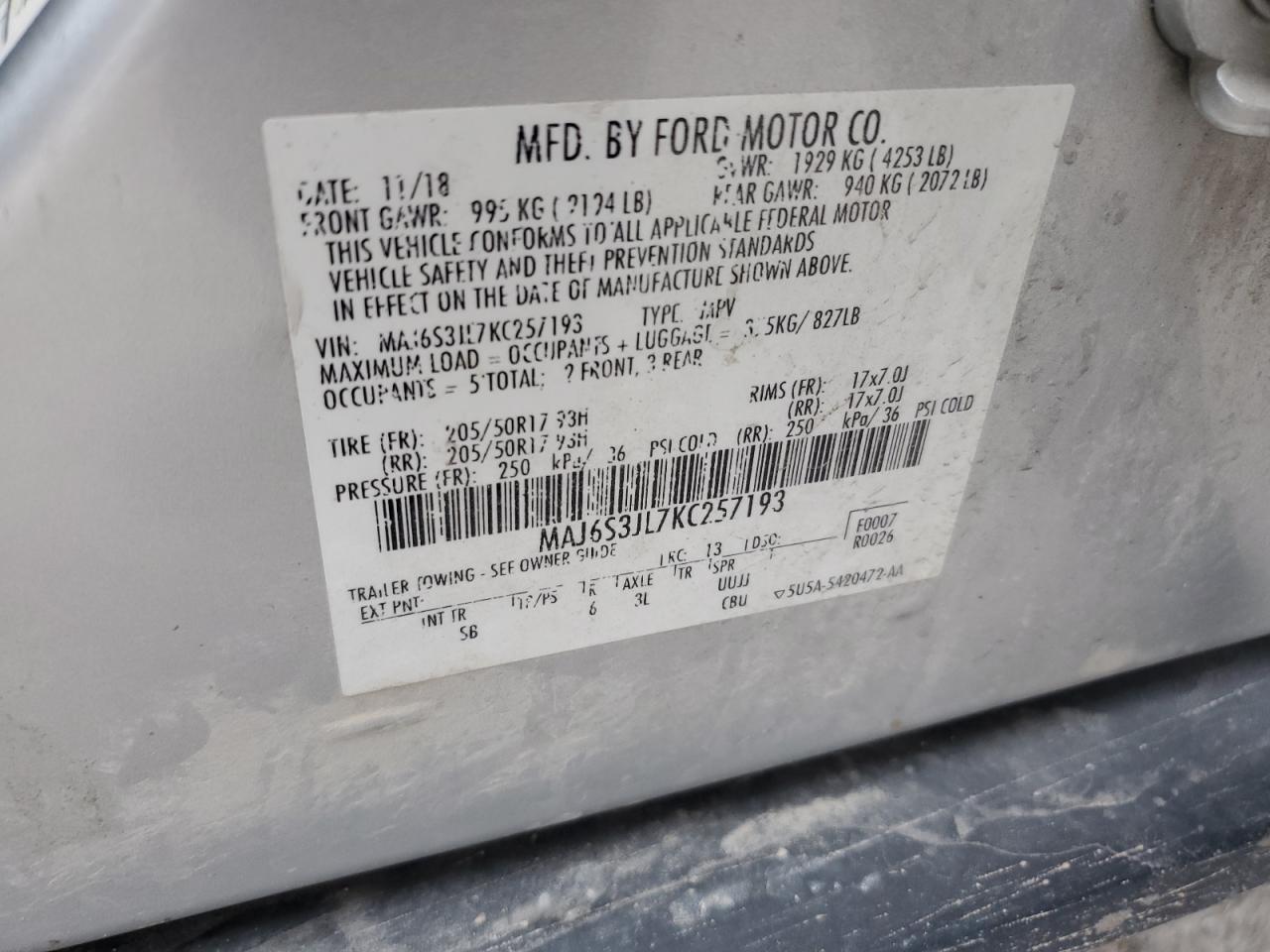 2019 Ford Ecosport Ses VIN: MAJ6S3JL7KC257193 Lot: 93408235