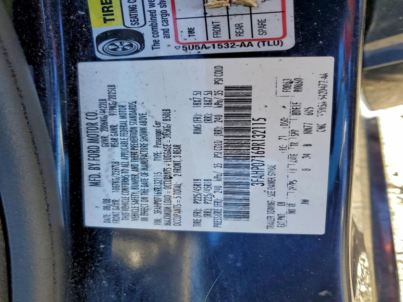 2009 Ford Fusion Se VIN: 3FAHP07169R132115 Lot: 93869405