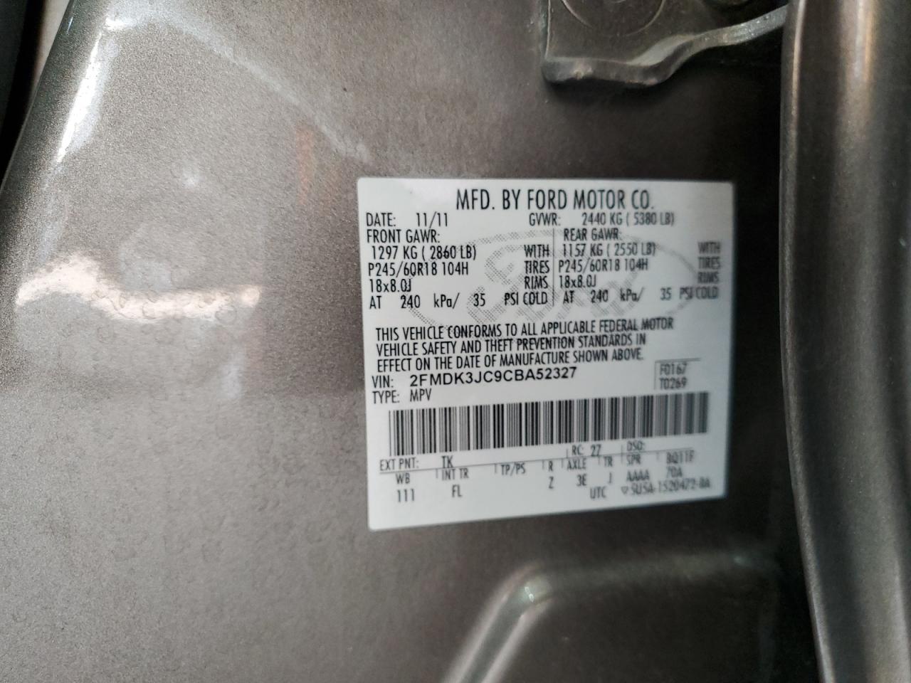 2012 Ford Edge Sel VIN: 2FMDK3JC9CBA52327 Lot: 93742195