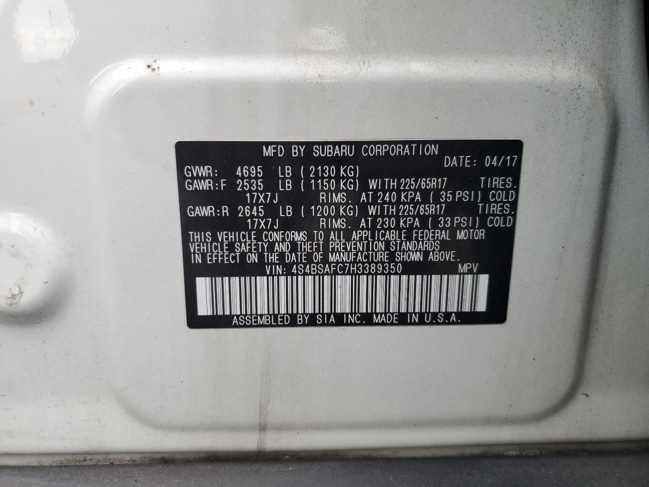 2017 Subaru Outback 2.5I Premium VIN: 4S4BSAFC7H3389350 Lot: 93252915