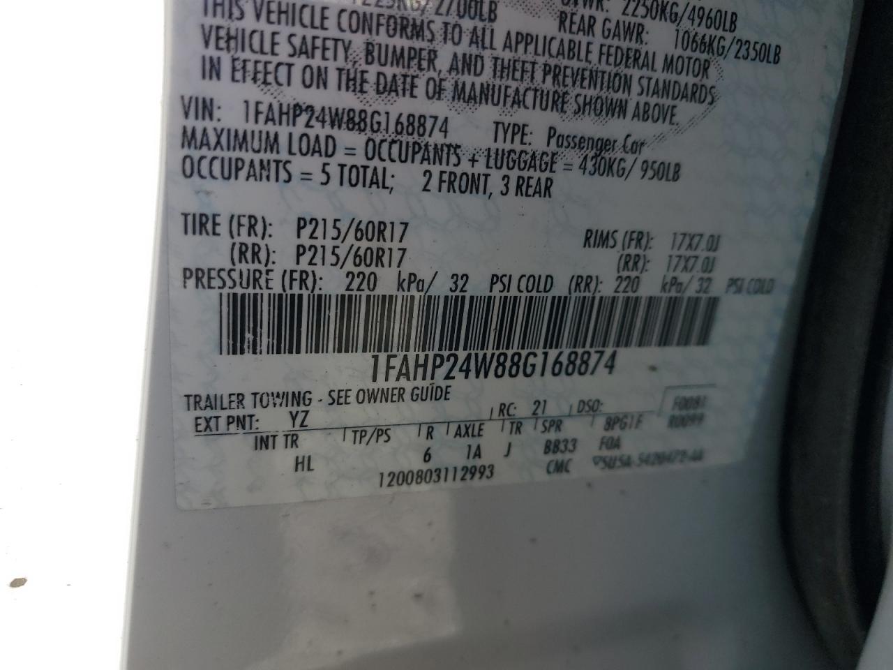 2008 Ford Taurus Sel VIN: 1FAHP24W88G168874 Lot: 92474535