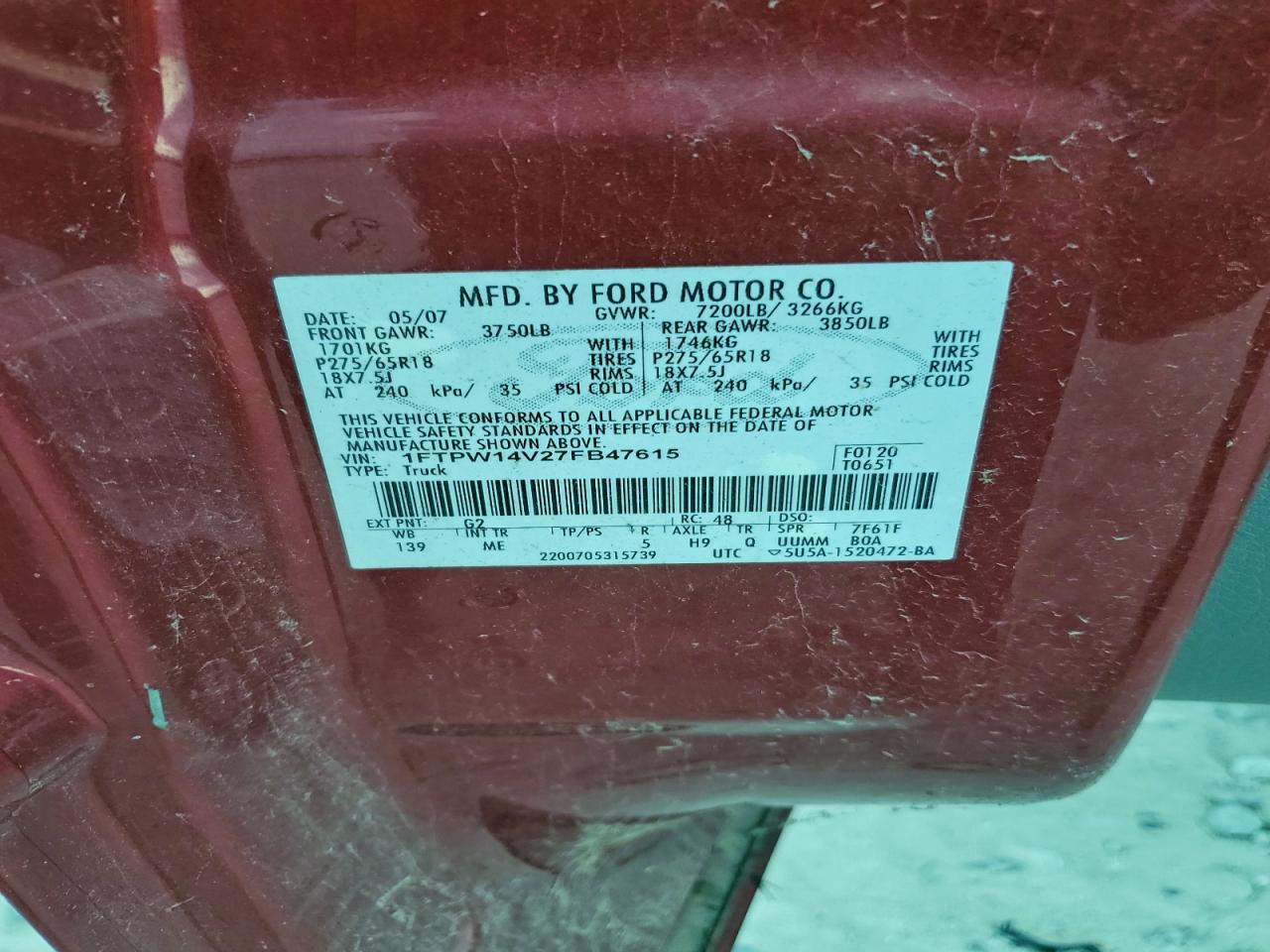 2007 Ford F150 Supercrew VIN: 1FTPW14V27FB47615 Lot: 94112105