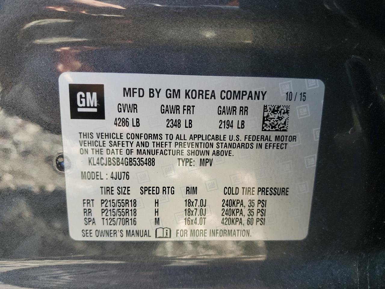 2016 Buick Encore Convenience VIN: KL4CJBSB4GB535488 Lot: 91698565