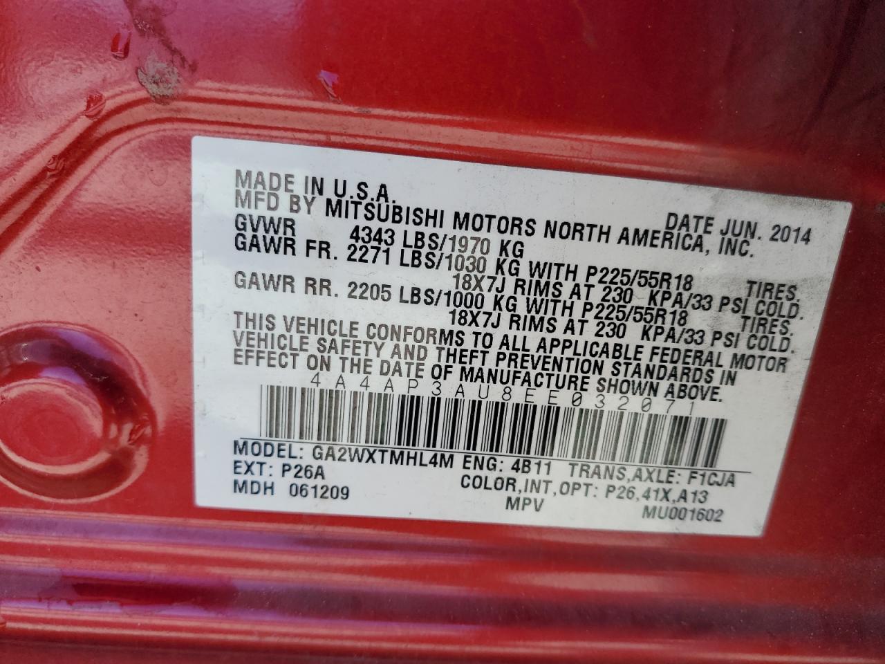 2014 Mitsubishi Outlander Sport VIN: 4A4AP3AU8EE032071 Lot: 92176745