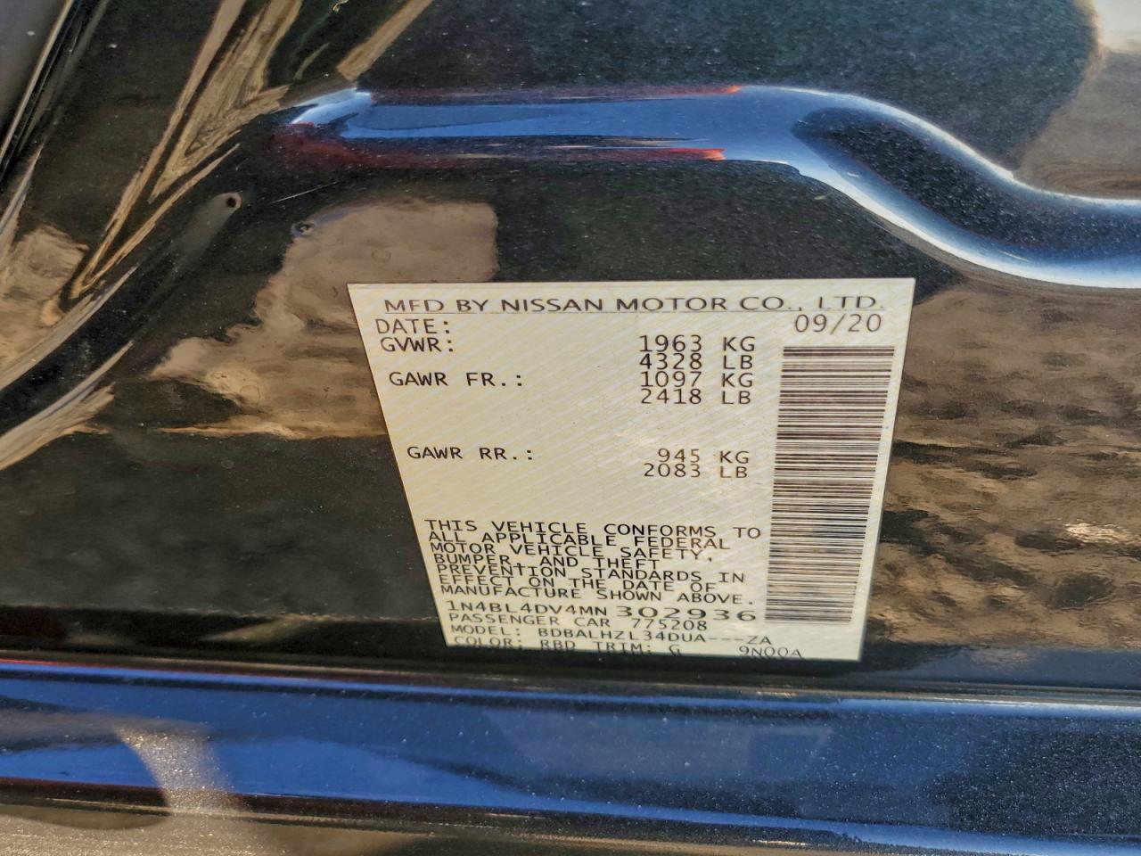 2021 Nissan Altima Sv VIN: 1N4BL4DV4MN302936 Lot: 93908425