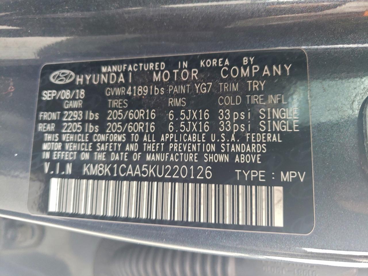 2019 Hyundai Kona Se VIN: KM8K1CAA5KU220126 Lot: 93640375