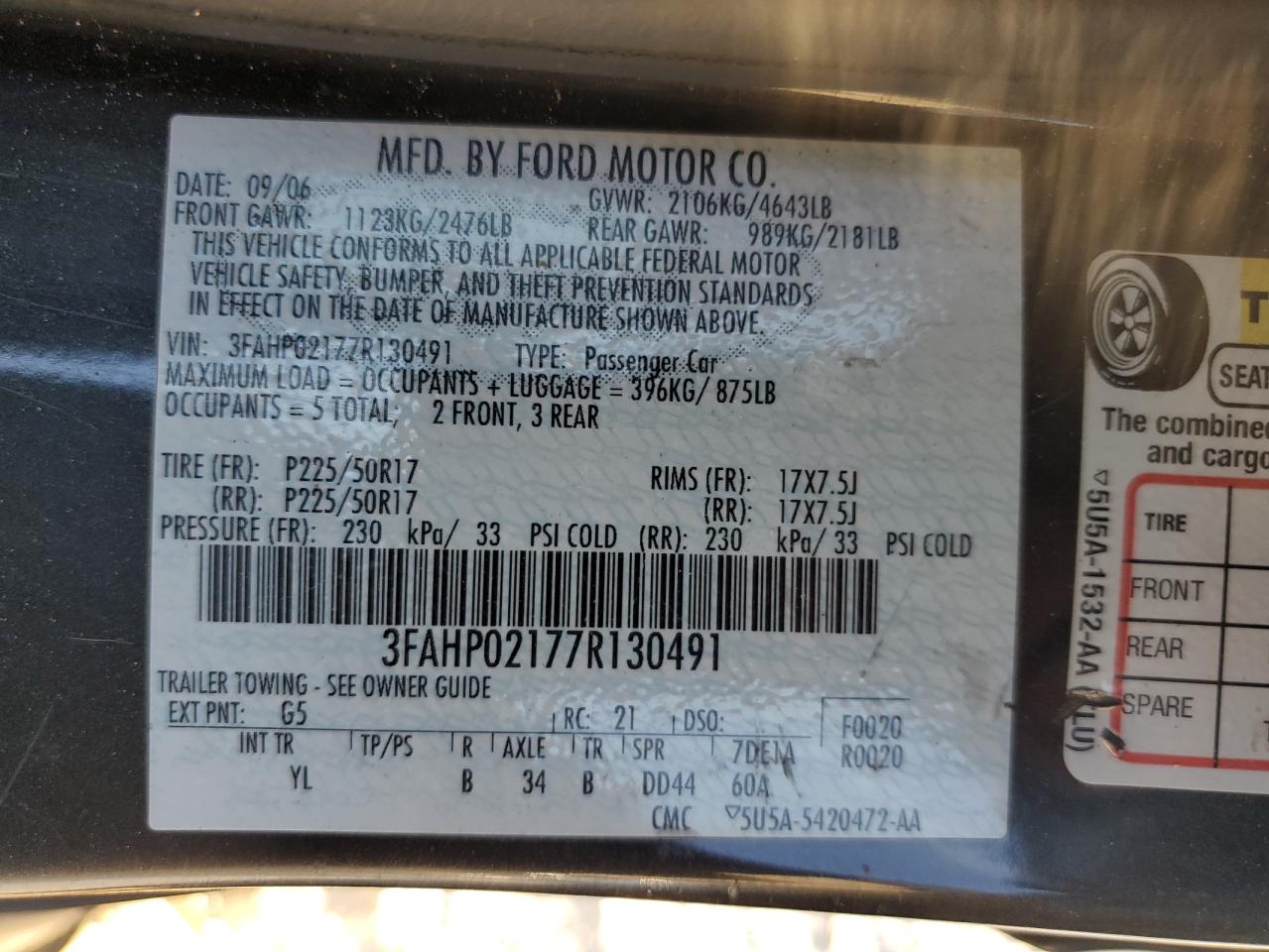 2007 Ford Fusion Sel VIN: 3FAHP02177R130491 Lot: 92666735